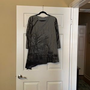 Black and grey tunic with tree landscape print